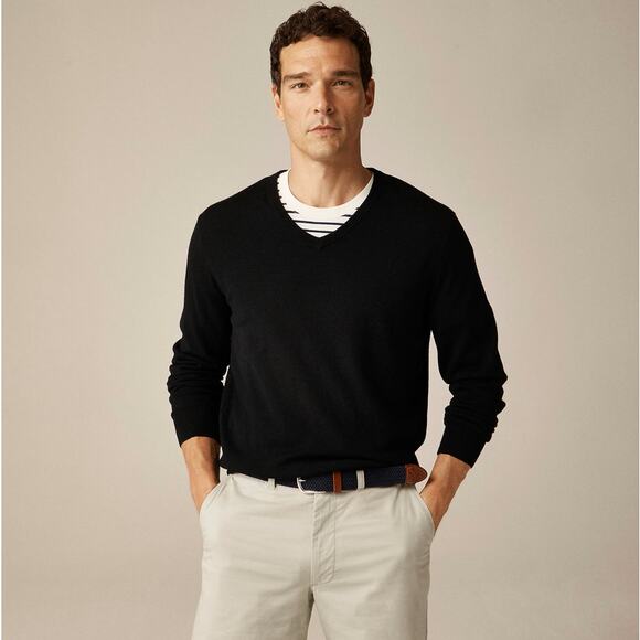 J.Crew Knit Merino Wool V-Neck Sweater Men L Black Pullover Rib Trim Long Sleeve - Picture 1 of 8